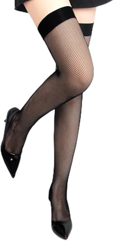 ohyeahlady Women Plus Size Fishnet Stockings Anti-roll Small Mesh Thigh High Hold Up Stockings,Box Package,Black Size XS-M
