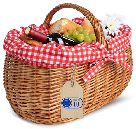 Creative Home Wicker Basket Picnic Basket Car Basket with Red Plaid Trim | Shopping Basket with Handle | 45 x 32 x 34 cm (+/- 2 cm) | Large and Light | Natural Brown Hand-Woven Universal