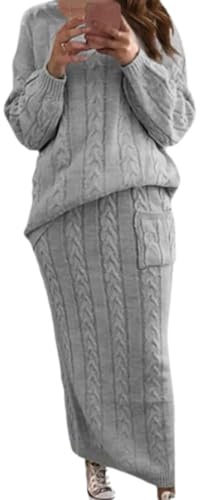 Conjunto de 2 Piezas de Falda Tubo Larga de Punto Trenzado Grueso para Mujer, suéter de Cuello Redondo, Falda Tubo Larga (Grey,L)