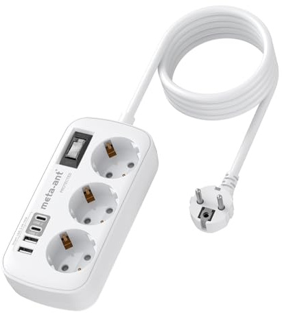 Steckdosenleiste mit USB 3.4A 17W, 3 Fach steckdosenleiste mit überspannungsschutz 4000W, Socket with 4 USB (2 USB-C), 1.5m, Steckdosenleiste Wandmontage für Heim Büro, Weiß