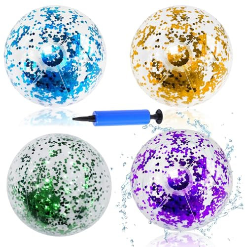 JISRKP 4 Pcs Beach Balls Inflatable, 16 Glitter Beach Balls with Manual Inflator, Water Recreation Beachball for Pool Party Games Summer Beach Toy