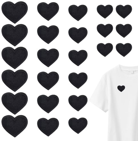 24 toppe da stirare nere, da stirare, per jeans, casual, a forma di cuore, da applicare con ferro da stiro, accessori fai da te, colore nero, adatte per zaini di abbigliamento.