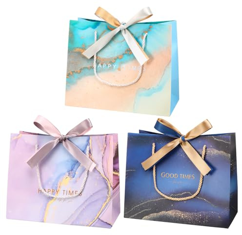 3 pieces Gift Bag Medium, Presents Gift Bags with Ribbon Gift Bags Medium Birthday Gift Bag for Presents Birthday Anniversary, Celebrations, 25 x 20 x 12cm, Purple, Green, Dark blue