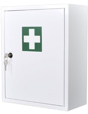 First Aid Products Verbandschrank A – inkl. DIN 13157:2021 Füllung (85-teilig) – Metall, 2 Ablageflächen – Sicherheitsschloss – Weiß – kompakt & wandmontierbar – 37 x 30 x 14 cm