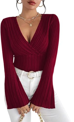 Sukiglam Maglioni Donna Maglia a Maniche Lunghe Sexy Scollo a V Wrap Pullover Maniche a Campana Elegante Leggero Maglioncino Casual T-Shirt Y2K Tops Morbido Sweatshirts Moda Camicia Autunno Inverno