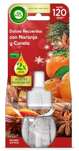 Air Wick Eléctrico - Recambio para Ambientador Eléctrico Air Wick con aroma a Dulces Recuerdos con Naranja y Canela, infusionado con 2 veces más aceites esenciales