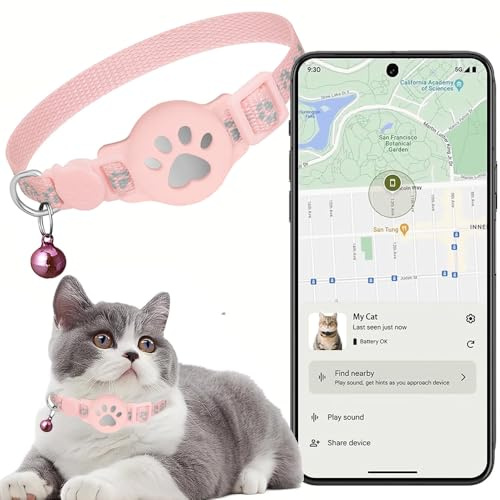 Cat Tracker Collar for Small Cats, Real Time Cat GPS Tracker No Monthly Fee, No SIM Required, Pet Tracker for Cats Works with goo- gle Find My Device (Only Android) (Collar + tracker Pink)