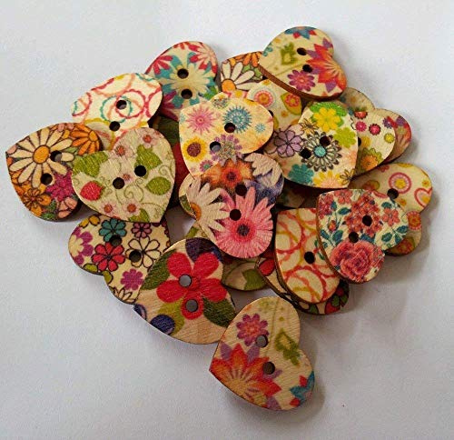 LANYUER en Forme de Cœur Peint 2 Trous en Bois Boutons 20 mm x 22 mm 25 Pièces