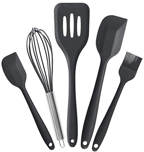 AVANA Silikon Küchenhelfer Set, 5 Stück Küchenutensilien Hitzebeständig Kochen Antihaft Kochgeschirr Schneebesen, Spachtel, Backpinsel, Pfannenwender (Schwarz)