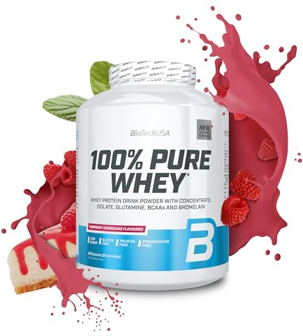 BioTechUSA 100% Pure Whey | Proteine in polvere con BCAA e glutammina | Senza glutine, senza olio di palma | 21g di proteine per porzione, 2.27 kg, Cheesecake al lampone
