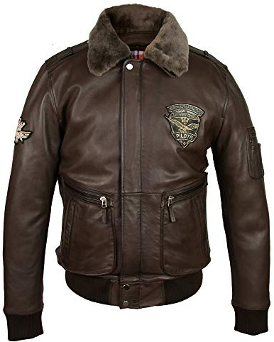 Zerimar Chaqueta Aviador de Cuero para Hombre - Bomber Invierno con Cuello de Borrego - Color Marrón - Talla M