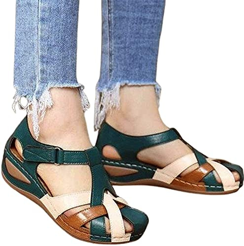 HHZY Sandales Compensees Femme Été Espadrille Plateforme Bout Fermé Sandale Cuir Croiser Coupé Casual Respirant Chaussures de Plage,Vert,38