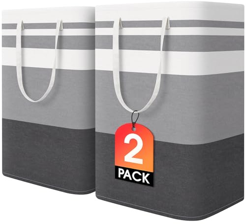 HomeHacks 2 Pack Large Laundry Baskets, Waterproof, Freestanding Laundry Hampers, Collapsible Clothes Hamper with Reinforced Handles in Laundry Room, College Dorm, Bathroom, Bedroom (Grey, 75Lx2)