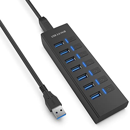 USB HUB, JESWO USB 3.0 Hub mit 7 USB-A-Anschlüssen, 100 cm Kabel, 5V-Stromanschluss und Separater Schalter mit LED-Anzeige für Windows 10, Mac OS, Ipad OS, Linux 2.6.14 und mehr