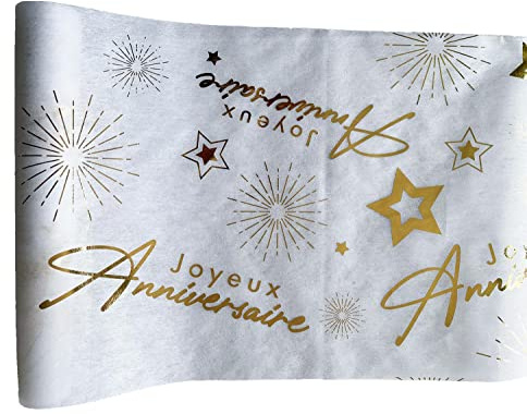 Tralala Fêtes® Chemin de Table Non-Tissé « Joyeux Anniversaire » – Déco Centre de Table Blanc & Or – Décoration Originale Pour Fête d’Anniversaire – Rouleau Intissé avec Écriture Dorée (31,5 x 500 cm)