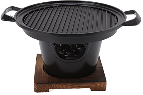 Charcoal Grill, 10.2in Portable Charcoal Grill Japanese Hibachi Grill with Wooden Base, Easy Cleaning Portable Grill Smokeless Cast Iron Hibachi Grill Yakiniku Grill Tabletop Grill