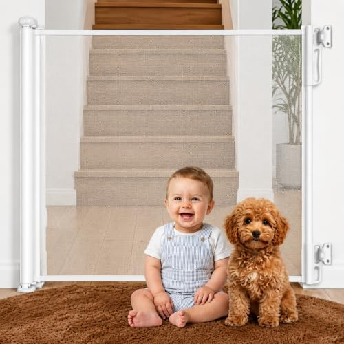 Twinky Barrière Escalier Bébé Rétractable 80–130 x 85 cm, Barrière de Sécurité Enfant pour Porte, Chien et Animaux, Ouverture à Une Main, sans Seuil, Montage Mural, Blanc