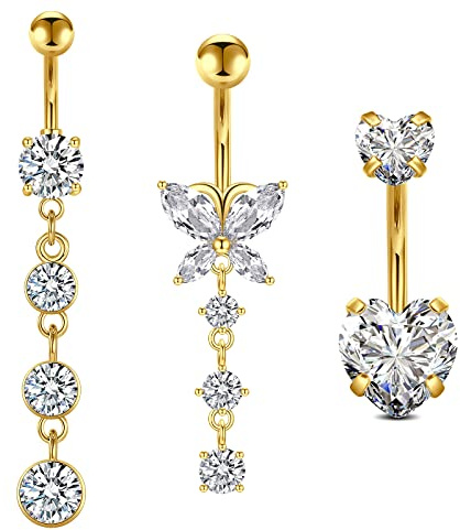 D.Bella Belly Rings for Women Piercing Heart Diamond Dangling 14G Surgical Steel CZ Butterfly Dangle Navel Jewelry Gold