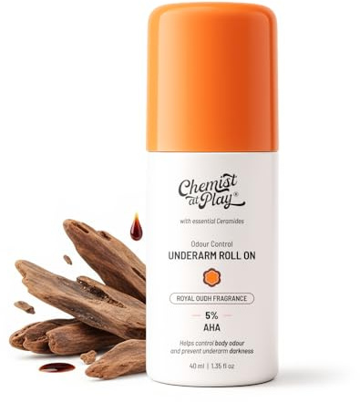 Chemist at Play UnderArm Roll-On with 5% AHA| Lactic & Mandelic Acid|Prevents Odour, Brightens Skin & Exfoliates Underarm| For Sensitive Skin|Royal Oudh Fragrance | Alcohol & Aluminium Free|1.35 fl oz