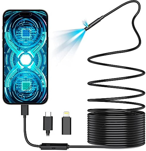 Maylatte Doppellinse Endoskopkamera mit Licht, 7.9mm 1920P HD Inspektionskamera mit 8+1 Lichtern, IP67 Wasserdicht 16.5FT Semi-Rigid Cord für Rohrkamera, Industrie Endoskop für iPhone