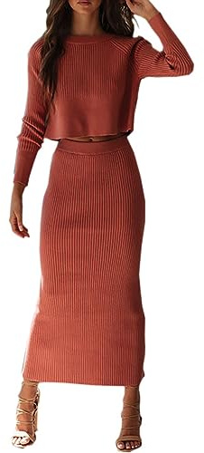 Robe en Tricot Femme 2 Pièces Ensembles Uni Manches Longues Pullover Haut et Jupe Tricoté Pull à Col Roulé Robe Tricotée Loungewear Aotumne Hiver Midi Robe Loisirs