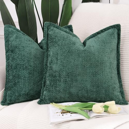 Madizz 2er Set Chenille Samt mit Rand Kissenbezüge Weiche Dekorativ Zierkissenbezüge Modern Kissenhülle für Sofa Wohnzimmer Schlafzimmer Dunkelgrün 40x40 cm