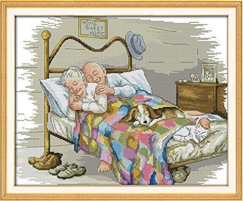 Stitchmelody 14CT Contato Cross Stitch Kit DIY Completo Ricamo DMC Threads Set Set Ricamo Non Stampato Tessuto Bianco Per I Principianti -La vecchia coppia sposata 44cm×36cm
