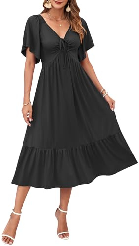 AUSELILY Women's Summer Empire Waist Dress Casual V Neck Short Flutter Sleeve Midi Dresses 2026 Black XL