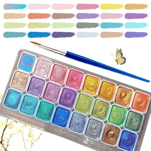 Barlone 24 Farben Metallic Aquarellfarben Set, Aquarell Watercolor Set, Metallic Wasserfarben, Solid Glitzer Aquarellfarben, Löslich und Mischbar, für Kinder, Anfänger und Profis