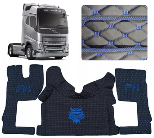 Bilmatta för lastbilsförarhytt golvmatta mattset kompatibel med Volvo FH 4 FH 5 (svart (blå tråd))