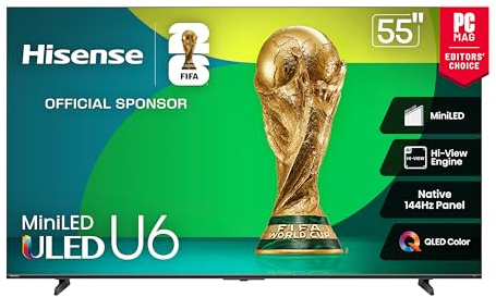 Hisense 55 Class U6 Series Mini-LED 4K UHD Smart Fire TV (55U65QF, 2025 Model) - QLED, Native 144Hz, HDR10+, Dolby Vision IQ, Dolby Atmos, Game Mode Pro, ALLM, Alexa Built in, Black