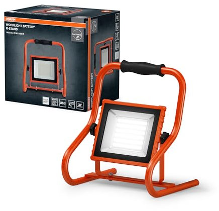OSRAM projecteur de chantier à piles R-Stand 20W 4000K en orange avec boîtier en aluminium, protection IP44, pour rénovation, cave et garages