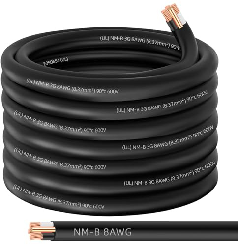 50ft NM-B 8/3 Wire with Ground,8/3 8 Gauge 3 Conductor Wire,8-3 Copper 8 AWG Non-Metallic Sheathed 8/3 NM-B W/G Cable,Stranded Indoor Residential Electrical Wiring for Branch Circuit Switches&Outlets