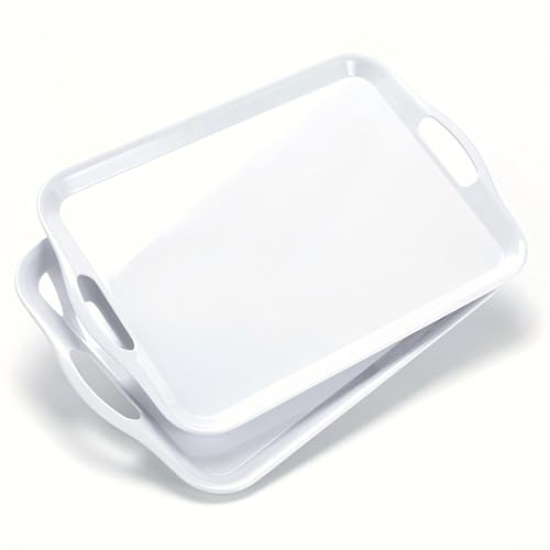ZAINCA Large Melamine Serving Tray with Handles, 16.75 x 11.5 inch Rectangular Serving Platter, for Eating, Appetizer, Charcuterie, Snack, Fruit, Desserts, Set of 2 White