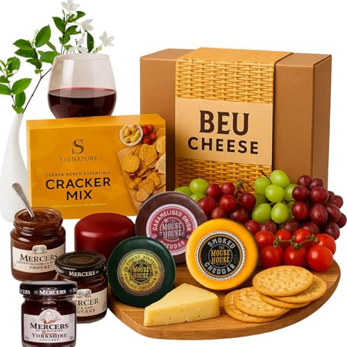 Cheese Hampers Gift Set - 3x Cheeses Truckle Selection, Chutney and Crackers Gift Set & Card - Cheeseboard Gift Set, Christmas Hampers, Cheese Selection Box, Food Gifts for Men & Women