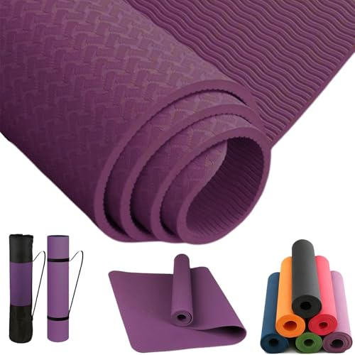DECODEKO Esterilla de Yoga, Pilates y Fitness TPE Ecológico | Antideslizante, 3 Grosores, Sin Olor, Incluye Correa y Bolsa de Transporte 183x61 cm, Ideal para Deporte en Casa (Morado oscuro, 0.6cm)