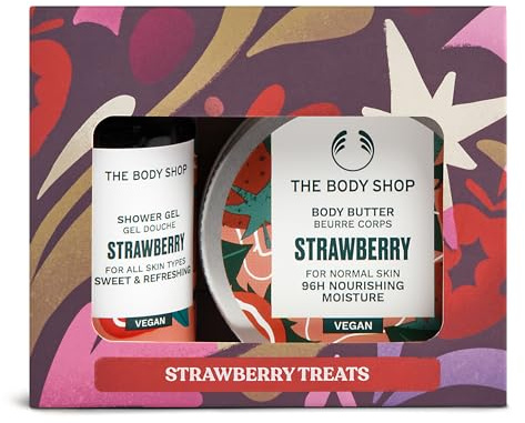 The Body Shop Strawberry Treats Julklappsset (duschgel 60 ml kroppssmör 50 ml), fruktig, festlig duo med saftig jordgubbsextrakt, fuktgivande och vårdande kroppsvård