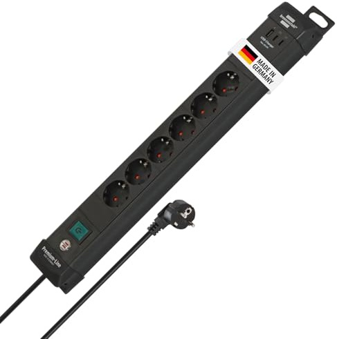 Brennenstuhl Premium-Line grenuttag 6-vägs med 2x USB C PD 65W och USB A 18W (Made in Germany, grenkontakt med strömbrytare och 3m kabel, grendosa för väggmontering) svart
