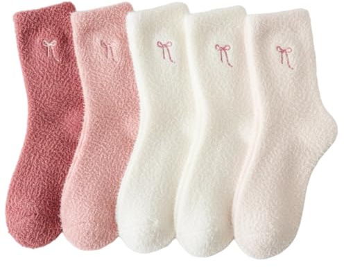 PSFXBM Pink Fluffy Socks, Bow Slippers, Ladies Slipper Socks, Cozy Socks, Fleece Socks, Bed Socks, 5 Pairs White, Cream, Lilac, Light Pink, Dark Pink