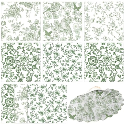 50PCS Decoupage Napkins Sage Green Napkins Vintage Green White Flower Napkin Chinoiserie Decorative Napkin for DIY Crafting Guest Hand Towel Baby Shower Spring Tea Party Supplies Each Unfolded 13 Inch