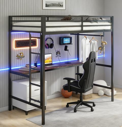 Bellemave Twin Size Loft Bed with Desk and Closet Rod, Metal loft bedframe with Storage Closet Rod, Black