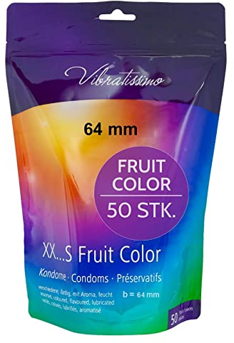 VIBRATISSIMO Kondome Fruit Color 50er Pack I gefühlsecht & extra feucht I for Men I Beutel wiederverschließbar I Bunte I hauchzart I b=64mm