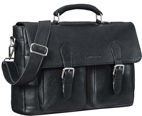 STILORD 'Owen' Leather Briefcase Laptop Bag Vintage Satchel Bag for 15 Inch MacBooks Large Shoulder Bag Business Bag for Teachers Uni Work Attachable to Trolley, Colour:Black