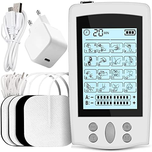 TENS Electroestimulador, USB Electroestimulador Muscular con 16 Modos 20 Intensidad, 2 Canales 4 Electrodos, Aliviar Preciso, Eficaz y Seguro del Dolor Muscular