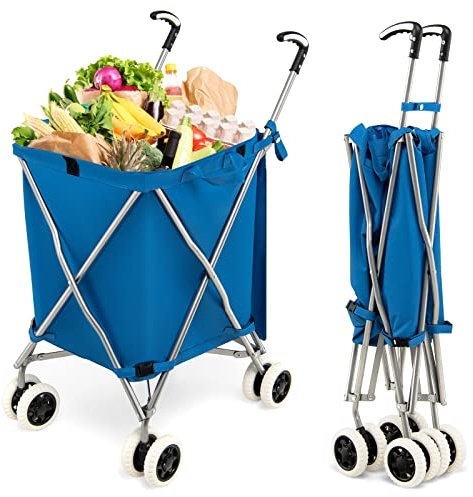 COSTWAY Vikbar shoppingvagn med hjul, kapacitet 90 l/55 kg, handvagn med avtagbar Oxford-väska, vikbar shoppingvagn, vagn med handtag, för shopping, camping (blå)