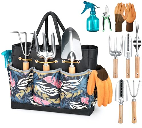 Grenebo Gardening Tools 9-Piece Heavy Duty Garden Hand Tools with Fashion and Durable Garden Tools Organizer Handbag, Rust-Proof Garden Tool Set, Ideal Gardening Gifts for Women