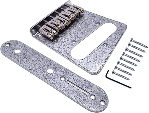 Jiayouy Carved Roller Telecaster Bridge 6 String Saddle Bridge Plate with 3 Way Switch Control Plate for Tele Telecaster Guitar Replacement (Silver)