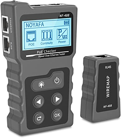 VXSCAN Network Cable Tester, NF-488 POE Ethernet Cable Tester for Power Over Ethernet, Advanced Cable Tester for LAN CAT5 CAT6 Ethernet Cable Tracker， DC Power, Switch Loop-Back Test, Black