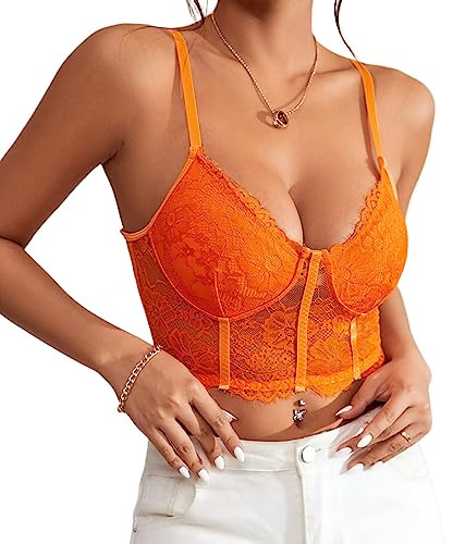 Rongseng crop toppar damer sexig spets magfri camilos topp spagettiremmar cropped topp V-ringad spetstopp bralettes undertoppar sommar cami linne topp, apelsin, M