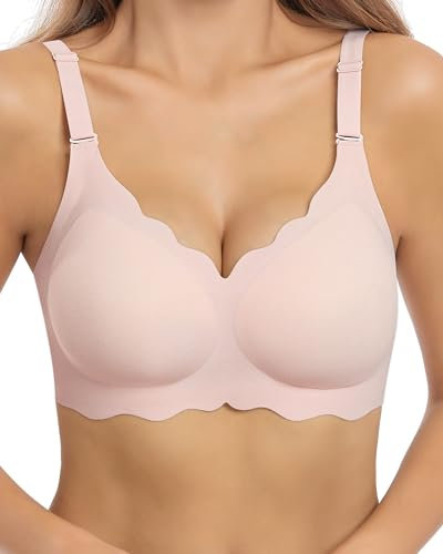 HORISUN Bras for Women No Underwire V Neck Scalloped Wireless Bralettes with Soft Support Comfort Full Coverage Seamless Bra (Pink,M)